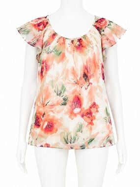 st. john’s bay Floral Flutter-Sleeve Chiffon Blouse in Peach Pink size 1x